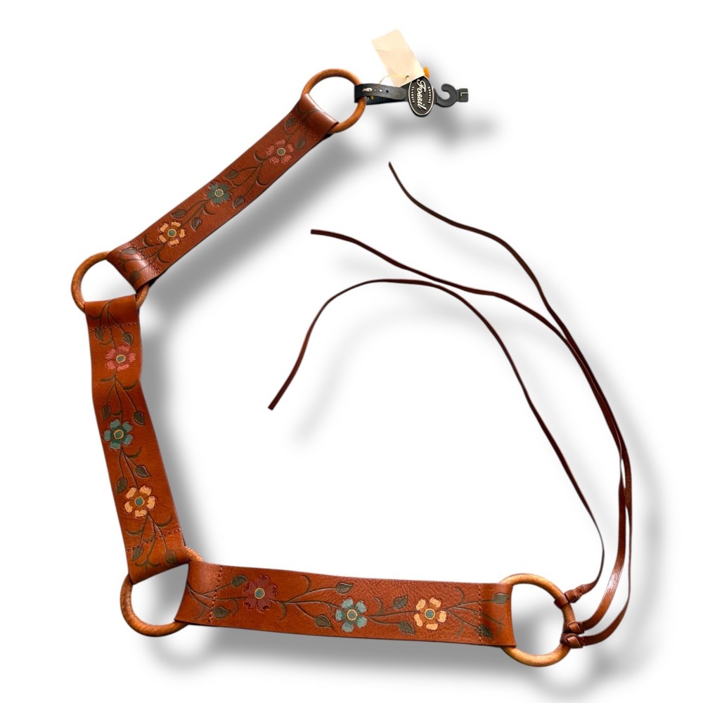 Fossil Womens Large Tan Leather Floral Embossed Tie Belt Wooden Rings